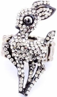 Fawn Bambi Stretch Ring Clear Black Crystals Deer BF Burnish Silver Tone