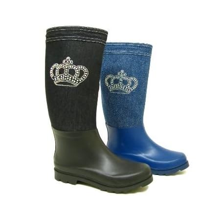 Womens Blue Denim Diamante Crown Wellies Ladies Festival Wellington Boots