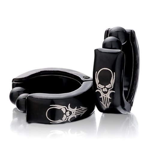 Pugster Black Gloden Evil Skull Stainless Steel Mens Ladies Unisex Hinged Snap Huggie Hoop Earrings