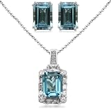 Sterling Silver Emerald Cut Blue Topaz with Created White Sapphire and Diamond Pendant Necklace and Earrings Box Set