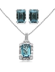 Sterling Silver Emerald Cut Blue Topaz with Created White Sapphire and Diamond Pendant Necklace and Earrings Box Set