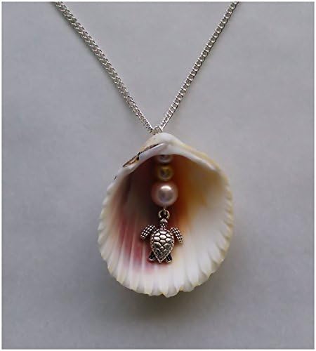 Sea Turtle Necklace with Scallop Shell and Glass Pearls