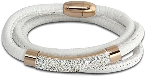 Amello Nappa leather bracelet white,rose gold plated stainless steel element with white zirsonia, stainless steel magnetic clasp, 19 cm, leather bracelet genuine leather LAQ023W9