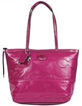 Hot Sale Coach Signature Stripe Stitched Patent Leather Tote Bag, Style 19198, Magenta