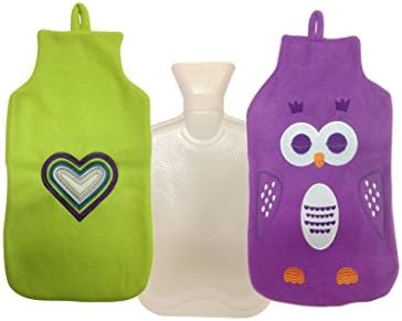 Comfort Hot Water Bottle with Two Fleece Covers (Green with Heart / Purple Owl), Large 2.0 Litre Natural Rubber Bottle