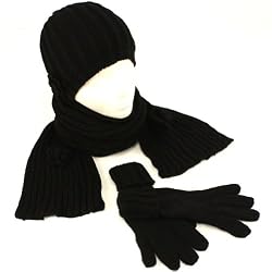 Winter Ski Knit Flower Beanie Scarf Gloves Set Black