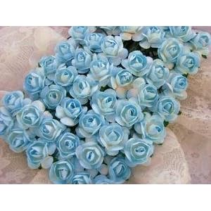144pc Mulberry Paper 1/2" Rose Flower with Stem (Blue)