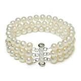 Sterling Silver 3-Row White A Grade 6.5-7mm Freshwater Pearl Bracelet, 7.25