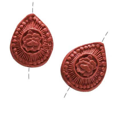 Red Cinnabar Teardrop Focal Beads Carved Blossom 20mm (2)