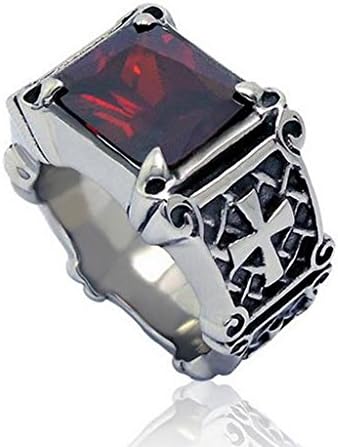 Mens Womens Stainless Steel Rings Retro Synthetic Ruby Cross Black & Red Size 6 - Adisaer Jewelry