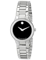 Movado Womens 0606385 Serio Stainless-Steel and Diamond Black Round Dial Watch