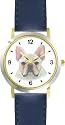French Bulldog JP Dog - WATCHBUDDY&reg; DELUXE TWO-TONE THEME WATCH - Arabic Numbers - Blue Leather Strap-Women's Size-Small