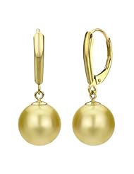 14k Yellow Gold 10-11mm Perfect Round Hand-pick Genuine Golden South Sea Pearl High Luster, Leverback Earring AAA Quality. Include Giftbox with Ribbon
