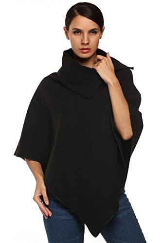 Finejo Women Turtleneck Wool Blend Irregular Hem Poncho Cape Coat Shawl Wrap