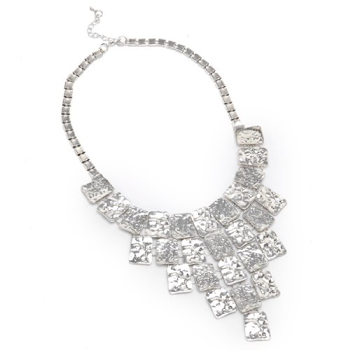 Vintage Silver Tone Oblong Slice Metal Square Pieces Pendant Necklace
