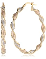 14K Tri-Color Italian Yellow, White and Rose Gold Satin High Polish Twisted Hoop Earrings