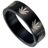 Black Stainless Steel Band with Marijuana Leaf Design Sizes 8-13
