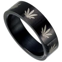 Black Stainless Steel Band with Marijuana Leaf Design Sizes 8-13