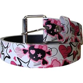 White Sketchy Hearts, Stars and Girly Skulls Printed Imitation Leather Belt