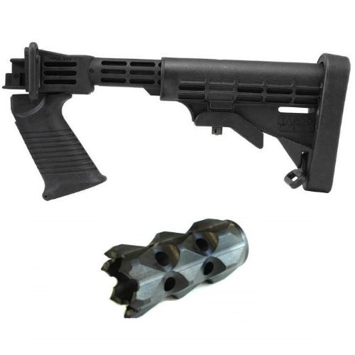 Tapco STK07160 Saiga T6 Buttstock Stock Set Tactical Stealth Black Saiga 12 & 20 Gauge Rifle & Shotgun Conversion Kit: Ergonomic Stock & Rear Pistol Grip + Rubber Recoil Butt Pad + Side Sling Attachment + Pivoting Sling Swivel + Ultimate Arms Gear Tactical Black Oxide Finished Steel Made in The USA Flame Door Breacher Cage For The Saiga 12 Gauge Shotgun - Package Combo Combination On Sale