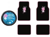 A Set of 4 Universal Fit Hawaiian Aloha Pink Plush Carpet Floor Mats and 1 Comfort Grip Steering Wheel Cover