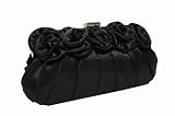 Black satin clutch bag with gentle pleats and satin flowers on the front