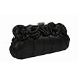 Black satin clutch bag with gentle pleats and satin flowers on the front'