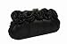 Black satin clutch bag with gentle pleats and satin flowers on the front