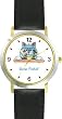 Cat and Fish Bowl - Cat Cartoon or Comic - JP Animal - WATCHBUDDY&reg; DELUXE TWO-TONE THEME WATCH - Arabic Numbers - Black Leather Strap-Size-Large ( Men's Size or Jumbo Women's Size )