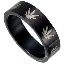 Black Stainless Steel Band with Marijuana Leaf Design Sizes 8-13