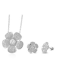 Sterling Silver Flower/Plumeria Pendant Necklace with Earrings Set