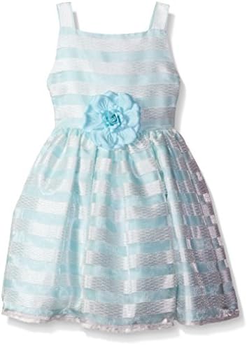Kleinfeld Pink Little Girls' Madison Sleeveless Organza Stripe Dress with Flower, Aqua/White, 6