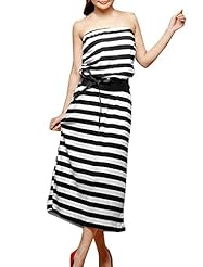 Strapless Two-Toned Striped Print Elasticized   Waistline Stretchy Cotton/Polyester  Dress