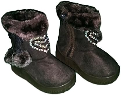 Rhinestone Heart Pom Pom Fashion Boots with Fur Top for Baby Toddler Girls (US Little Kid 10M, Black)