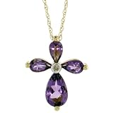 10ct Gold 18 Thin Chain & 5/8 (16mm) tall Stone Cross Pendant, w/ Brilliant Cut Diamond & Pear Cut Amethyst Stones