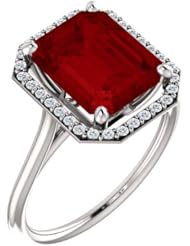 14K White Gold 10.00x8.00mm Emerald Cut Chatham Created Ruby and Diamond Halo-Style Ring -- LIFETIME WARRANTY