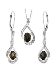 14K White Gold Natural Smoky Topaz Lever Back Earrings & Pendant Set Diamond Accent