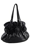 F-13 Super soft leather-like flower bag.Silver toned hardware.Top zip closure.Large double compartments.Beautifully printed linings.Inner small compartment.Inside zipper pocket.Cell phone compartment.11