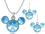 Mickey Mouse Disney Aquamarine Swarovski Crystal Silver Necklace And Earring Jewelry Set [Rhodium Plated] [Strawberry Gem]
