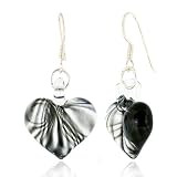 Sterling Silver Hand Blown Venetian Murano Glass Earrings Black Curve Line Design Heart Shaped Fashion Fashion Jewelry for Women, Teens, Girls