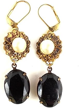 Flower Dangle Earrings Vintage Upcycled Jewelry Imitation Pearl Black Rhinestone Gift for Her
