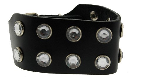 Click here to buy 2 Rows of Round Faceted Clear Shaped Studs Leather Wrist Band Bracelet by ToltecTraders.com.