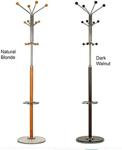 Light Oak or Dark Walnut Modern Coat Rack. Sturdy, Functional Color Complimenting Marble Pedestal Base. Able to Hold Multiple Clothing, Hats, Umbrellas and Bags. 2 Umbrella Holder Stands, 22" H. 4 Lower Hooks 42" H, Perfect for Kids / Children. 10 Upper Pegs and Hangers, 68" H (Dark Walnut Brown)