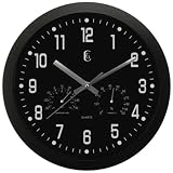 Geneva 12-Inch Plastic Wall Clock with Temperature and Humidity Gauges, Black