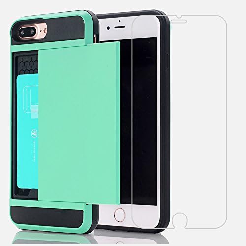 iPhone 7Plus Case+Screen Protector, Small7 Wallet Cover iPhone 7Plus Card Slot Case Protective Shell Rubber Bumper Case Anti-scratches Hard Cover Card Holder Wallet Case for iPhone 7Plus(Mint Green)