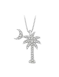 Diamond Palm Tree with Crescent Moon Pendant with Chain in 14K White Gold (1/5 cttw)