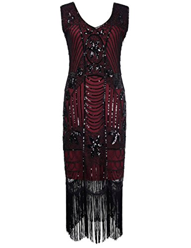 PrettyGuide Women's 1920s Gatsby Sequin Art Deco Fringed Cocktail Flapper Dress S Burgundy