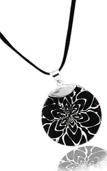 ACOMO Sterling Silver & Black & White Flower Snowflake Patterned Shell Pendand & Suede Cord Necklace