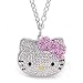 Large Silver Hello Kitty Crystal CZ Necklace with Pink Bow, Rhodium Plated, Teen Celebrity Pendant