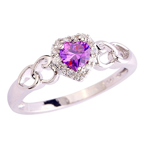 Psiroy 925 Sterling Silver Stunning Created Gorgeous Women's 5mm*5mm Heart Cut Amethyst Charms Filled Ring